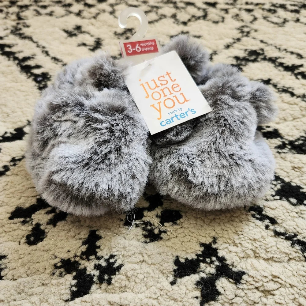 Carter's Fluffy Gray Baby Slippers Soft Faux Fur Booties 3-6 Months
